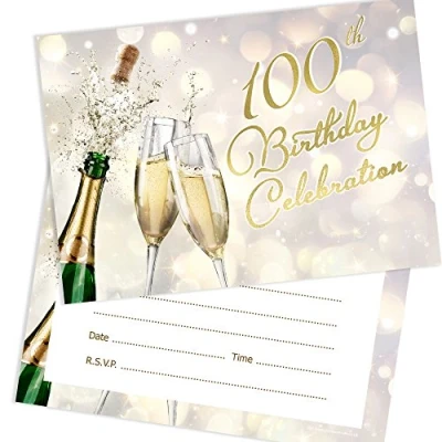 Image of Olivia Samuel 20 x 100th Birthday Celebration Invites Champagne Style Ready to Write with Envelopes