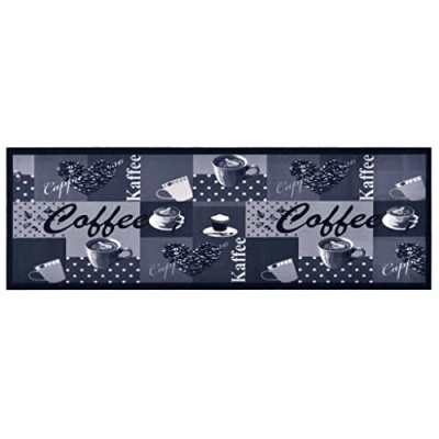 Image of vidaXL Kitchen Carpet Coffee Blue Print, 45x150 cm Contemporary Indoor Outdoor Rug, Absorbent Velvet Fabric with Anti Skid Latex Base, Machine Washable