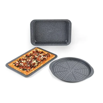 Image of Russell Hobbs Metallic Marble 3 Piece Baking Set Non Stick Oven Sheet, Round Pizza Tray, Square Roasting Tin, Durable Carbon Steel, Easy to Clean, Safe 220C, Long Lasting, Grey
