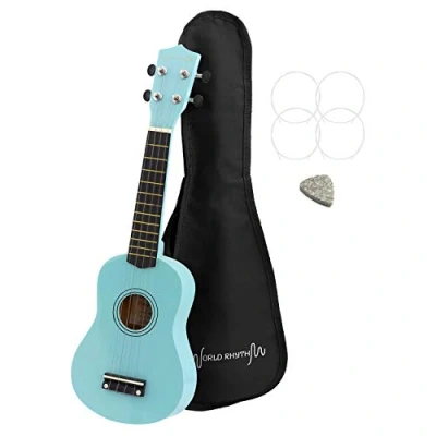 Image of World Rhythm Soprano Ukulele Beginner Uke in Light Blue Finish with Gig Bag, Spare Strings &amp; Felt Pick