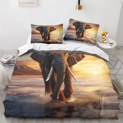 Image of GEEYOU Elephant Washable Bedding Set Hidden Zipper Duvet Cover with Pillowcases African Quilt Soft Microfiber Comforter Various Sizes for Kids Adults King（220x240cm）