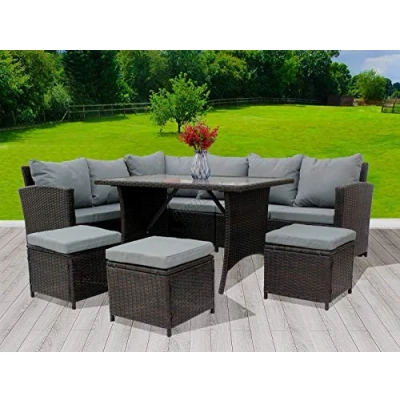 Image of BIRCHTREE PE Rattan Garden Furniture Set Sofa Chair Foot Stool Table Glass Coffee 9 Seater Cushion Outdoor Patio Conservatory RFS04 Brown