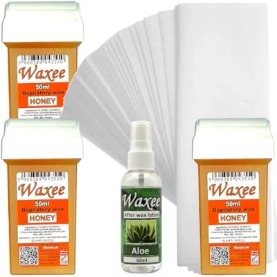 Image of Waxee compatible for Veet Easy wax 50ml roll on replacement roller cartridge HONEY (3 x + 25 strips+ after lotion)