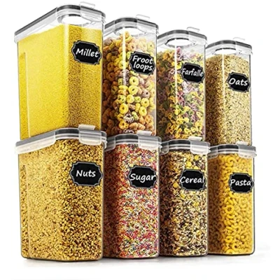 Image of Cereal &amp; Dry Food Storage Containers Wildone Airtight Set of 8 [2.5L / 85.4oz] for Sugar, Flour, Snack, Baking Supplies, Leak Proof with Black Locking Lids
