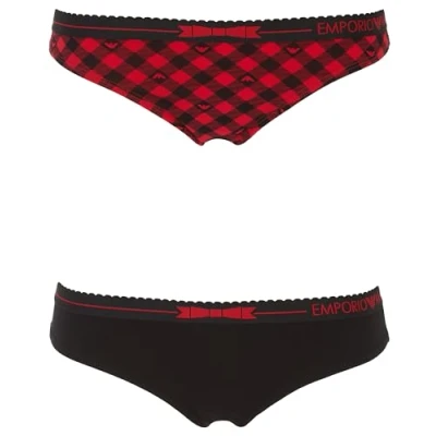 Image of Emporio Armani Women&#039;s Tartan Christmas Cotton 2 Pack Brasilian Underwear, Vichy Rosso/Nero, S