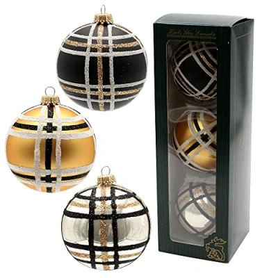 Image of Dekohelden24 Lauschaer KGL10833 Christmas Tree Decorations Set of 3 Glass Baubles in Gold, Black and Ivory, Mouth Blown Hand Decorated with Gold Crowns, Diameter Approx. 8 cm