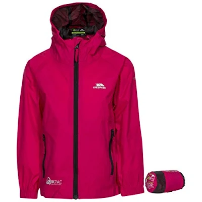 Image of Trespass Qikpac Jacket, Sasparilla, 5/6, Compact Packaway Waterproof Jacket Kids Unisex, Age 5 6, Pink