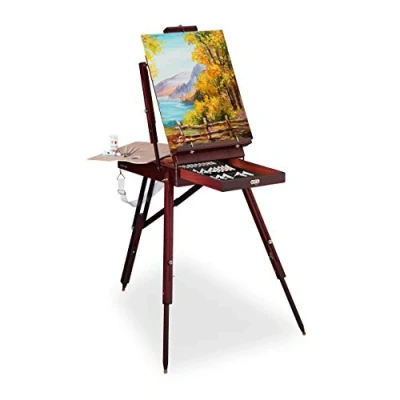 Image of Relaxdays Portable Easel, Artist Luggage, Brush Set, Mixing Palette, Canvas, Water &amp; Oil and Acrylic Painting, Brown, Wood, 180 x 100 70 cm