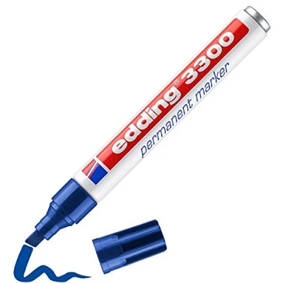 Image of edding 3300 permanent marker blue 1 pen chisel nib 5 mm quick drying markers waterproof, smudge proof for cardboard, plastic, wood, metal, fabric pens