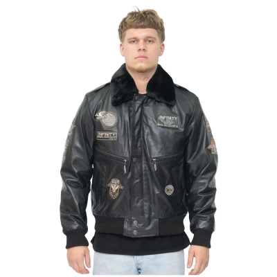 Image of Infinity Men&#039;s Black Cow Hide Leather Flight Bomber Jacket with Detachable Collar XS
