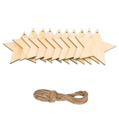Image of 10 Pieces Christmas Wooden Ornaments Baubles Wood Slices with Cords for New Year Tree Pendant Decorations, Stars