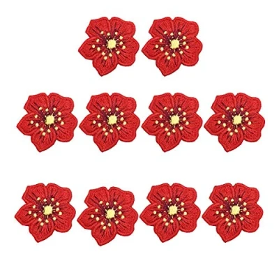 Image of XUNHUI Red Flowers Embroidered Patch for Clothing Sew on Applique Jeans Clothes Sticker Badge Iron Floral 10 Pieces