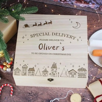 Image of eBuyGB Personalised Luxury Wooden Christmas Eve Box, Magical Xmas Gift, Special Delivery Crate, Night Before 32cm Square