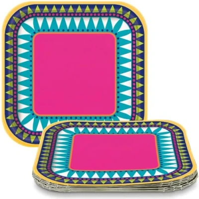 Image of Boho Fiesta Square Dessert Plates(17cm) Vibrant Colors &amp; Unique Design Party Plates Perfect for Celebrations, Picnics More 10ct, Nylon/a