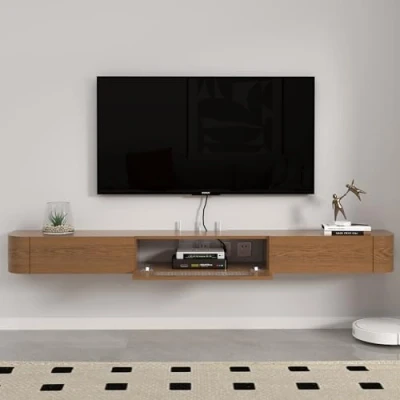 Image of Pmnianhua Floating TV Stand, Solid Wood Wall Mounted Cabinet, Shelves with Glass Door &amp; Drawers, Mid Century Entertainment Media Console Center Large Storage Under (160cm, Walnut)