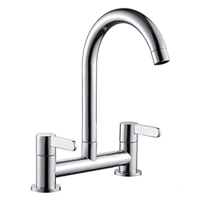 Image of Ghopy Dual Lever Kitchen taps Mixers 2 Hole Deck Mounted Cold and Hot Mixer tap Modern 360 Swivel Spout Brass Basin Bridge (Chrome)