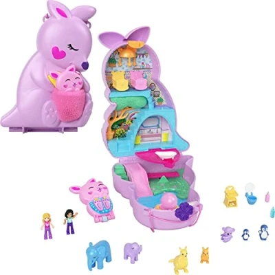 Image of Polly Pocket 2 in 1 Travel Toy Playset, Animal with Dolls &amp; Accessories, Mama Joey Kangaroo Purse Large Compact