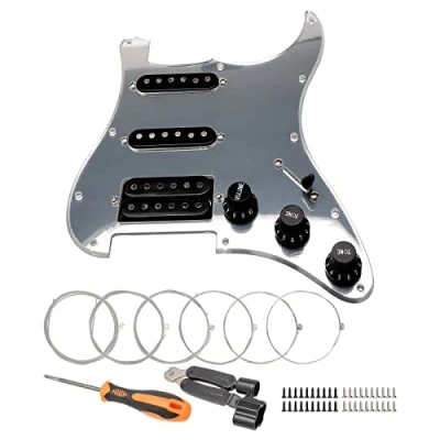 Image of Unxuey 11 Hole Loaded Prewired Pickguard Guard Plate with Black SSH Pickup Parts for Fender Strat SQ Guitar, 1Ply Silver, Alnico Pickups, Guitar Strings and Installation Tool