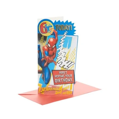 Image of UK Greetings Marvel 6th Birthday Card For Him/Boy With Envelope Badge Design Spider Man, 121mm x 229mm