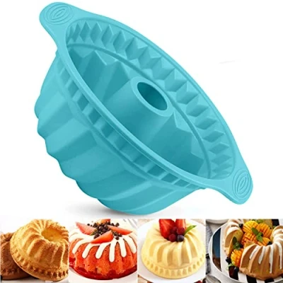 Image of Cake Mould Silicone Baking Pan, 24cm 9.5&#039;&#039; Fluted Tube Pan Ring Tin for Baking, Jelly Round with Handle Grips, Non Stick Coating Chiffon Cheesecake Gugelhupf (Blue)