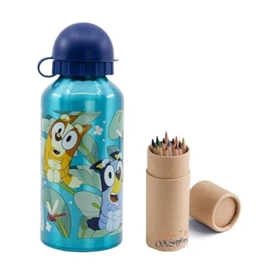 Image of OM SUPPLIES Bluey Characters Aluminium Sports Bottle 400ml Holiday, Back to School Water Drinking Kids Lunch Children Includes Half Size 12pcs (Bluey)