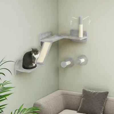 Image of PawHut Cat Wall Furniture, 3 Piece Shelves with Scratching Posts, Pads, Perches, Wands, Toy Balls, Corner Design for Indoor Cats, Kittens, Light Grey