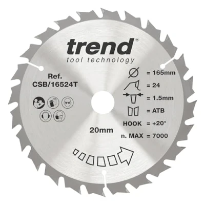 Image of Trend Wood Cordless Circular Saw Blade, 165mm Diameter, 20mm Bore, 24 Teeth, TCT, 1.5mm Kerf, +15 Hook, CSB/16524T