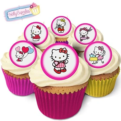 Image of Holly Cupcakes 24 Edible Pre Cut Cake Toppers, 12 Hello Kitty Designs, Sugar Free, Vegetarian, 24.0 unit_count, Paper, CAKE_TOPPER