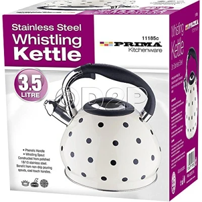 Image of White Polka DOT Litre Stainless Steel Whistling Kettle Tea Coffee Travel 3.5L