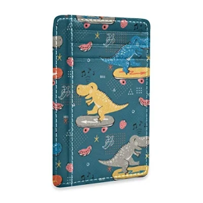 Image of Linomo Thin Leather Card Holder and Money Clip Funny Animal Dinosaur Wallet RFID Blocking for Men &amp; Women
