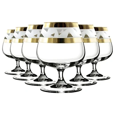 Image of Brandy Glasses Set of 6 with Modern Gold Rim and Stable Stem 400ml Large / Cognac Glasses/ Thick Heavy Glass Unique Beautiful Decor/ Gift for Men or Women (Golden Ice)