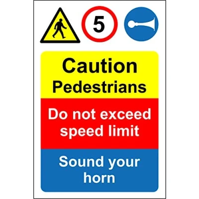 Image of Caution pedestrians do not exceed speed limit Safety sign Self adhesive sticker 400mm x 300mm