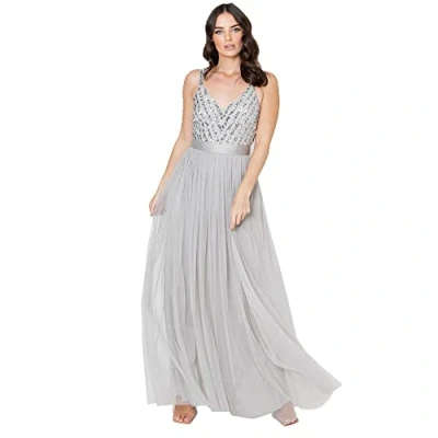 Image of Maya Deluxe Women&#039;s Ladies Maxi Dress Long Length Wedding Guest Bridesmaid Prom Summer Evening Gown V Neck Straps Bow Tie, Soft Grey, 12
