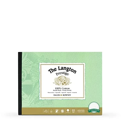 Image of Daler Rowney The Langton Prestige Watercolour Paper, Cold Pressed, 300 gsm, 140lb, Pad, Glued 4 Sides, 14 x 10in 35.6 25.4 cm, Natural White, 12 Sheets