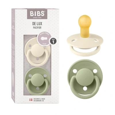 Image of BIBS De Lux Soother 2 Pack, BPA Free Dummy Pacifier, Round Nipple. Natural Rubber Latex, Size 1 (0 6 Months), Ivory/Sage