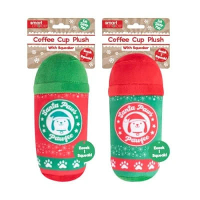 Image of YöL Red Green Plush Novelty Christmas Dog Toy Squeaky Coffee Inspired Puppy Pup Cup Puppaccino