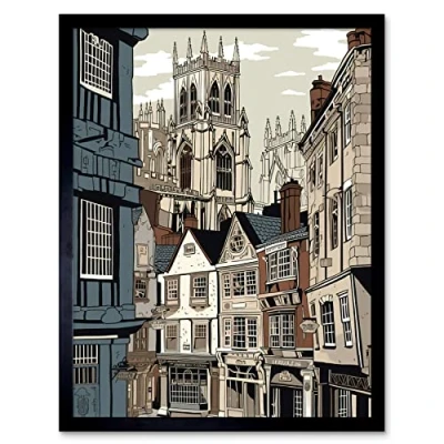 Image of Artery8 Shambles Street Cityscape with York Minster Towers Artwork Framed Wall Art Print 9X7 Inch