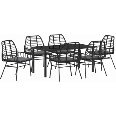 Image of vidaXL 7 Piece Garden Dining Set with Cushions Black Poly Rattan