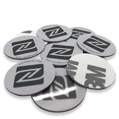 Image of 10 NFC Tags NXP Chip NTAG213 144 Bytes Memory Hard PVC Sticker 25 mm Round White disk strong 3M Self Adhesive