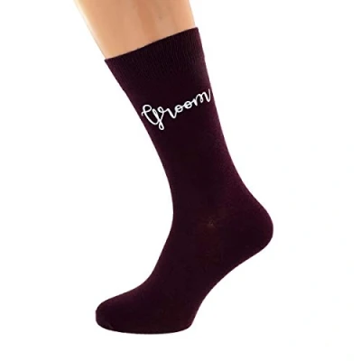 Image of Burgundy Wedding Script Design Socks UK Adult 5 12 in Various Roles (Groom)