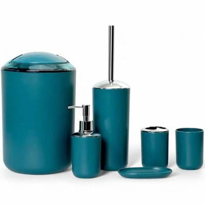 Image of GMMH 6 Piece bathroom accessory set, soap dispenser, holder, toilet brush, dark turquoise, design 3