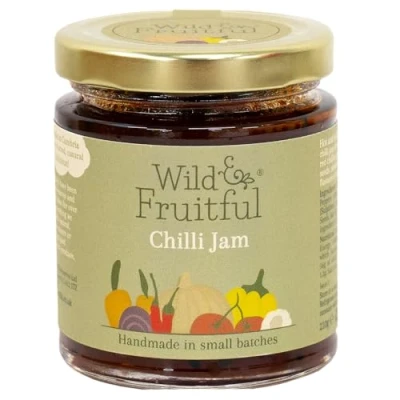 Image of Wild &amp; Fruitful Chilli Jam 210g Jar Hot Spicy Sweet with Red Chillies Nigella Seeds Hand Made in Cumbria