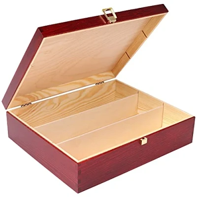 Image of Creative Deco Burgundy Wooden Wine Box with Clasp 3 Bottles 35x30x10cm Natural Wood Holder Bottle Gift Christmas Xmas Storage Chest Presentation