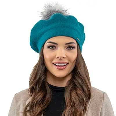 Image of Vivisence Winter Women&#039;s Elegant Beret with Classic Design Faux Fur Pompom for Ladies Warm Wool Blend Fabric Perfect Cold Days and Everyday Wear Autumn Winter, Turquoise,UNI