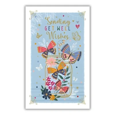 Image of Get Well Soon Card Special Finishes Contemporary Design Butterflies and Flowers Made in the UK Eco Friendly
