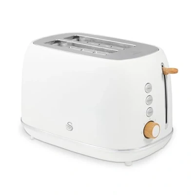 Image of Swan ST19030WHT Fjord 2 Slice Toaster with 7 Browning Levels, Defrost/Reheat/Cancel, 800W, White &amp; Wooden Accents