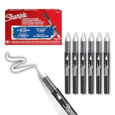 Image of Sharpie Creative Marker Acrylic Paint Pens Brush Tip Water Based Markers White No Bleed Ink Writes on Most Surfaces School &amp; Revision Supplies 6 Count