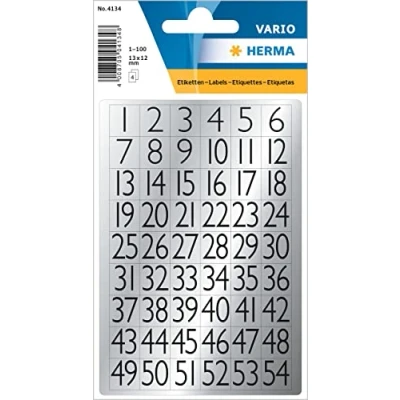 Image of HERMA 4134 Number Stickers Silver 1 100, Pack of 216, 13 x 12 mm, Self Adhesive, Small, Adhesive Numbers Stickers, House Made Film for Sticking, Black