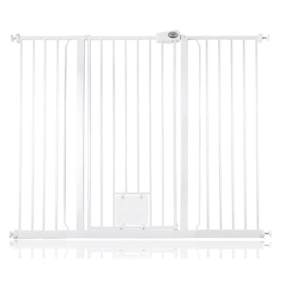 Image of Bettacare Pet Gate with Lockable Cat Flap, 133.2cm 140.8cm, White, 104cm in Height, Extra Tall Dog Safety Barrier Easy Installation