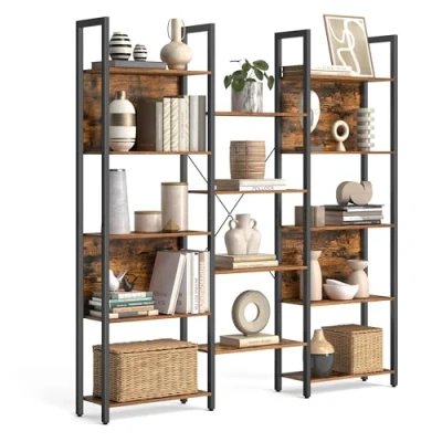 Image of VASAGLE Bookcase, Bookshelf with 14 Shelves, Metal Frame, Shelf Unit for Living Room, Home Office, Industrial Style, 24 x 158 166 cm, Rustic Brown and Ink Black LLS107B01